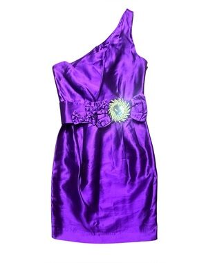 Per Se by Carlisle One-Shoulder Purple Silk Cocktail Dress Crystal Belt Size 0